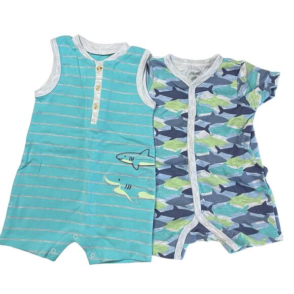 Little Me 2 Pack Baby Romper Set Blue Short Sleeve Tank Shark Print Size 6 Month - Picture 1 of 9